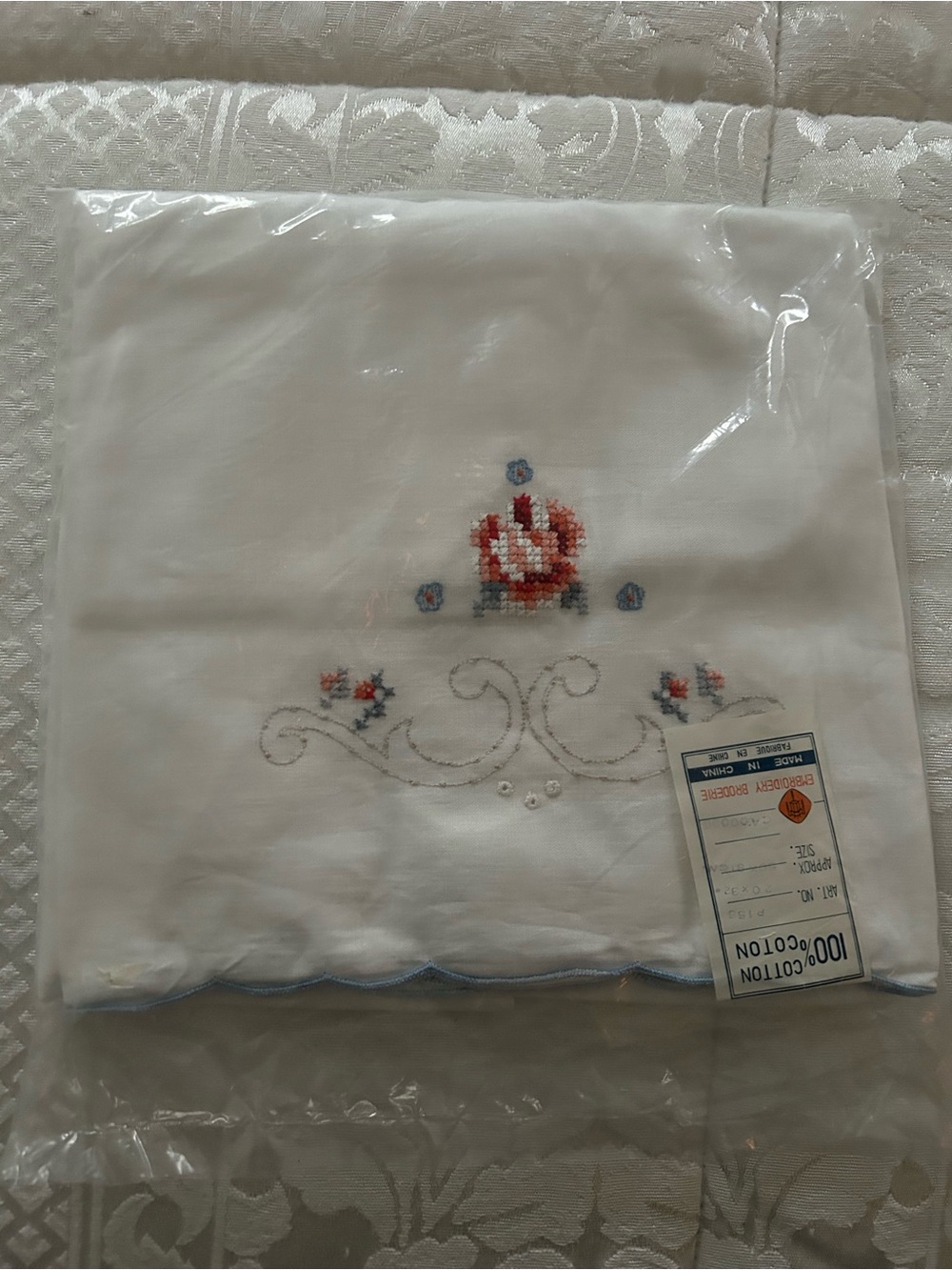 Vintage - Embroidered White Cotton Pillowcases with Floral Cross-Stitch (new)